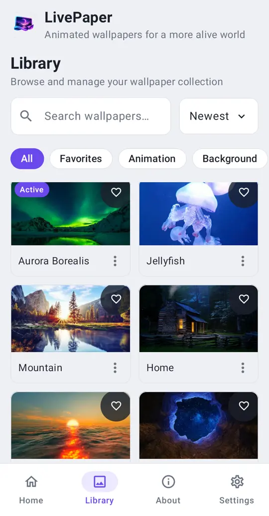 LivePaper’s Android library with search, favorites and wallpaper categories