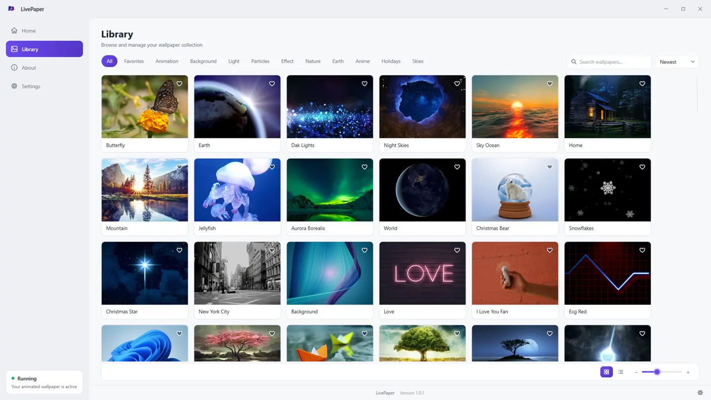 LivePaper’s Windows library with wallpaper thumbnails, search and category controls