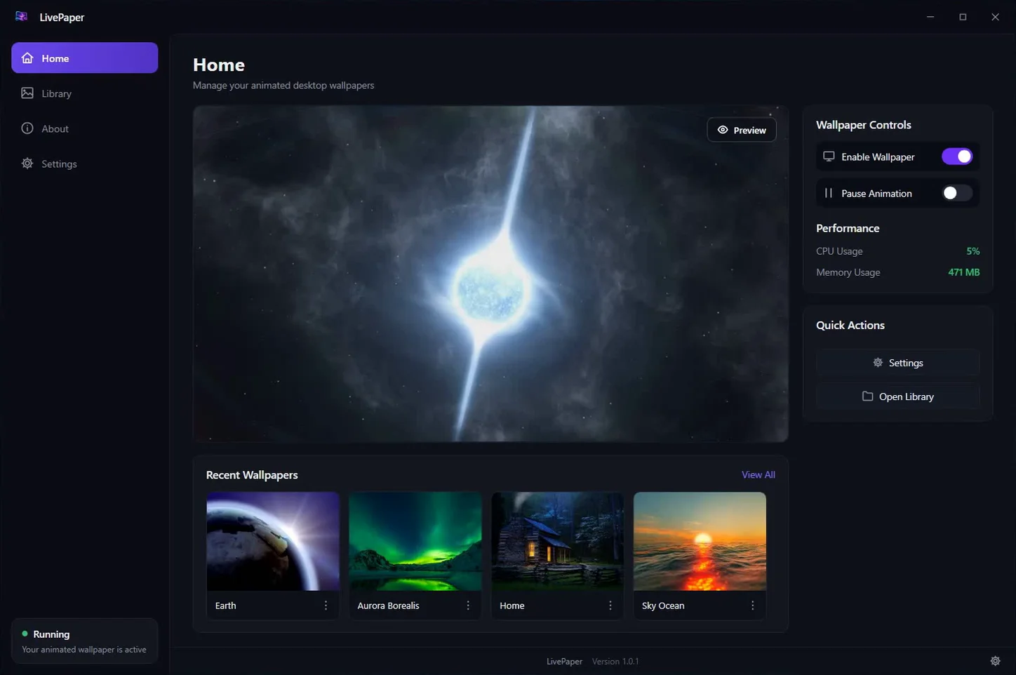 LivePaper Home in the dark theme showing a glowing nebula wallpaper