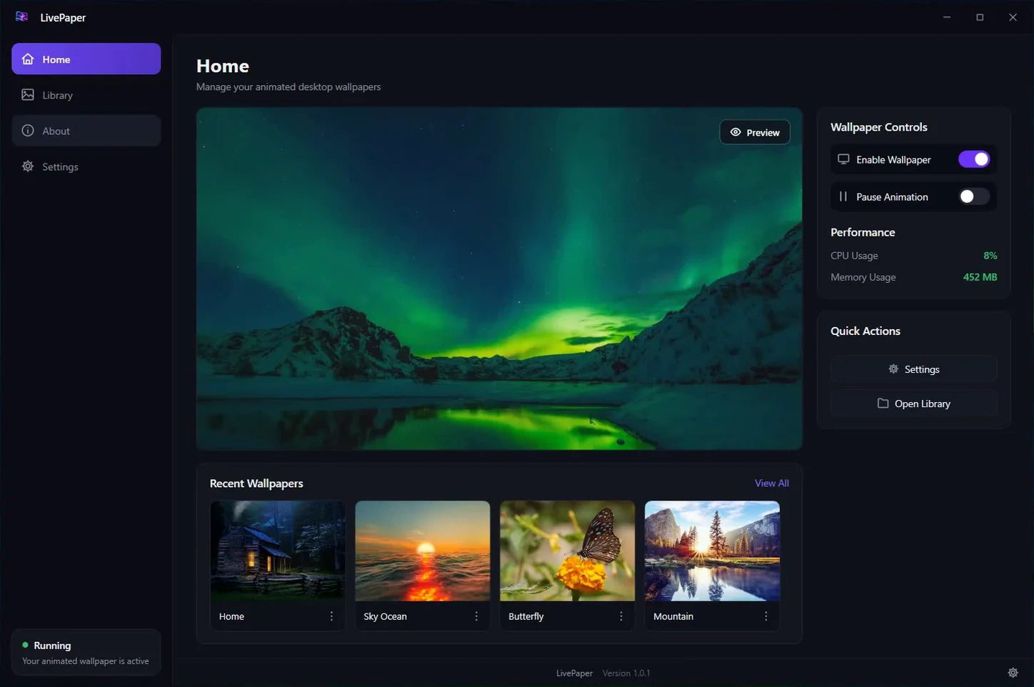 LivePaper Home: a large preview of the active aurora wallpaper, Enable Wallpaper and Pause Animation toggles, and a row of recent wallpapers