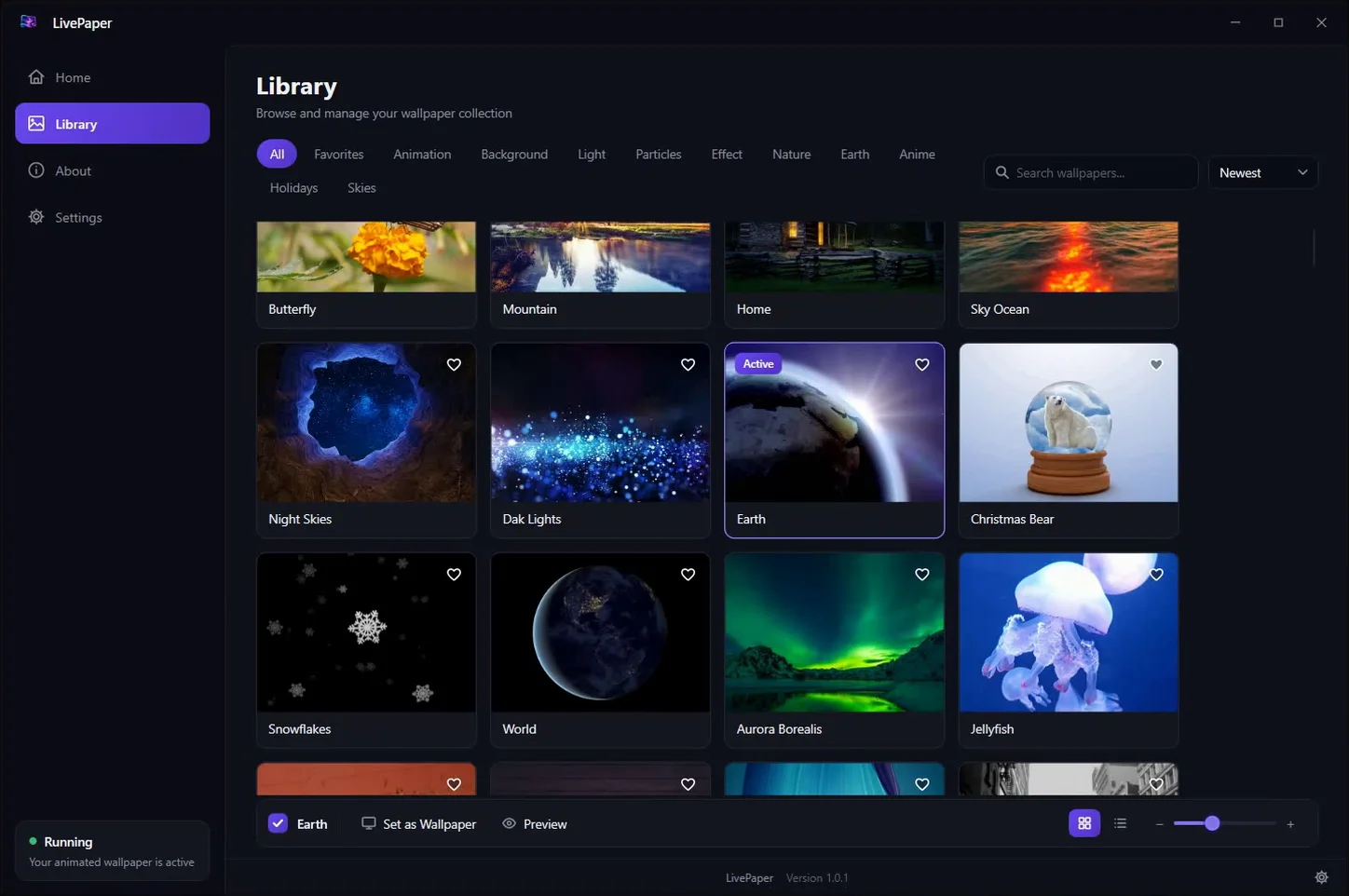 LivePaper Library: a grid of wallpaper thumbnails with category filters, favorites, search and a sort menu
