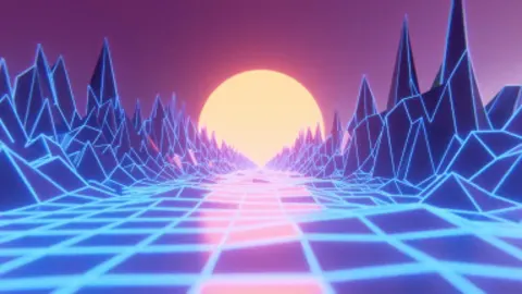 Neon wireframe shapes turning against a black field.