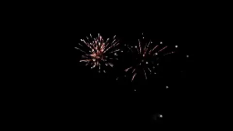 Fireworks blooming and fading over a dark night sky.