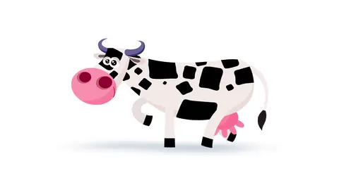 A cartoon cow ambling through its loop.