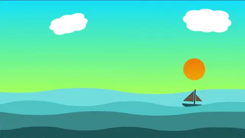A ship on an open anime sea under drifting clouds.