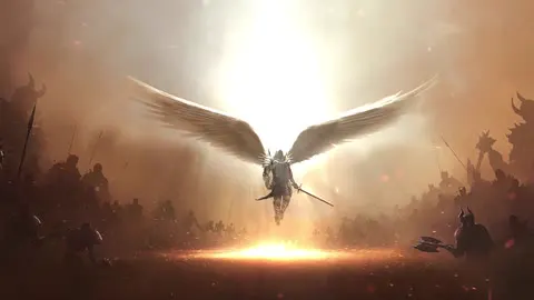 An anime archangel with wings caught mid-beat.
