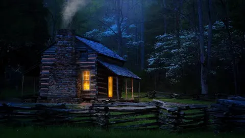 A lit cabin in the woods on a quiet evening.